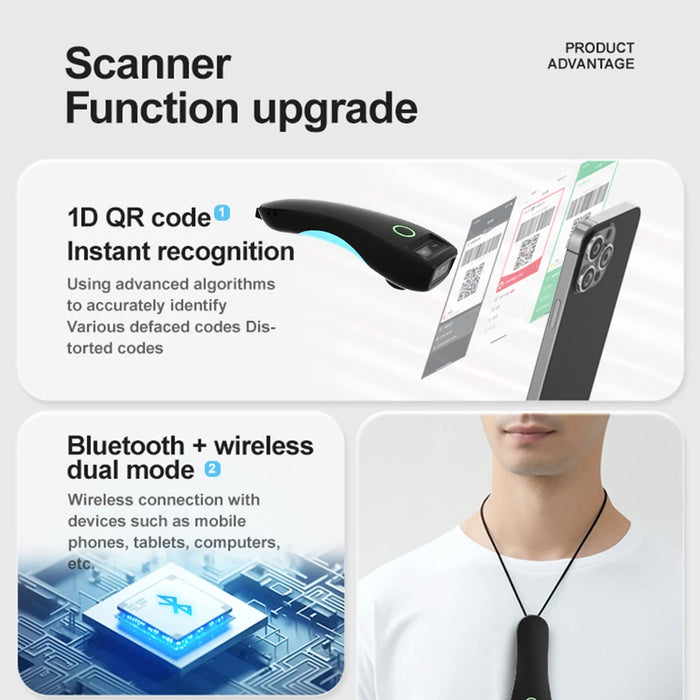 2D Bluetooth & 2.4G Wireless Pocket Barcode Scanner — Mini Handheld Reader for iOS, Android, PC
