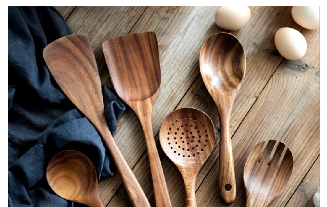 Natural Teak Wooden Kitchen Utensil Set — Modern, Eco-Friendly