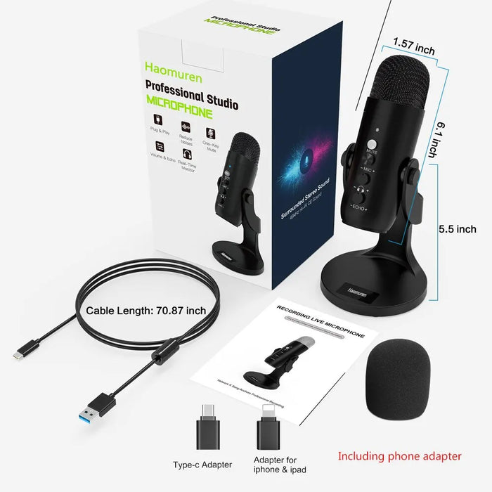 PC Mac Gaming USB Microphone - Condenser Mic with Phone Adapter, Headphone Output for Recording & Streaming - Ideal for Podcasting and Computer Use