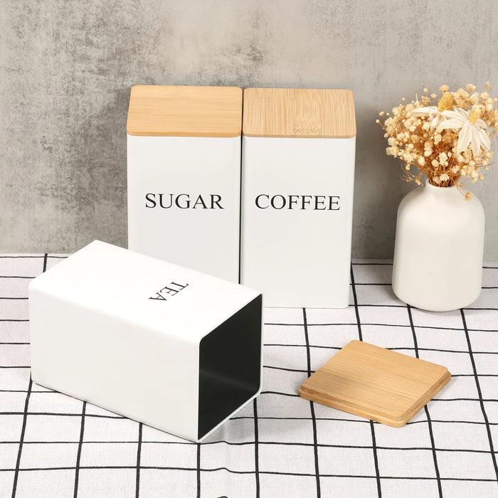 3‑Piece Coffee, Tea & Sugar Canister Set — Stainless Steel with Airtight Bamboo Lids