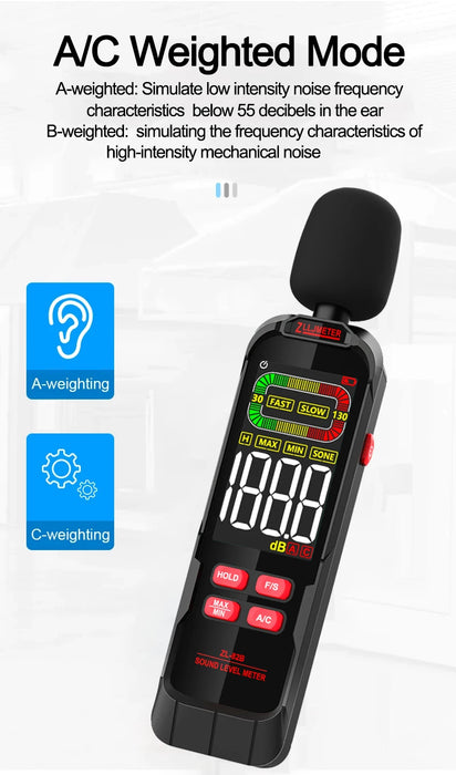 Digital Sound Level Meter 30–130 dB (A/C) — ZL82A 3×AAA or ZL82B USB Recharge