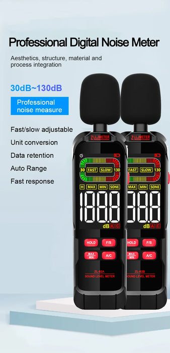 Digital Sound Level Meter 30–130 dB (A/C) — ZL82A 3×AAA or ZL82B USB Recharge