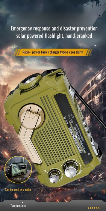 Hand-Crank Emergency Radio & Power Bank — USB, Solar, Bluetooth, DAB