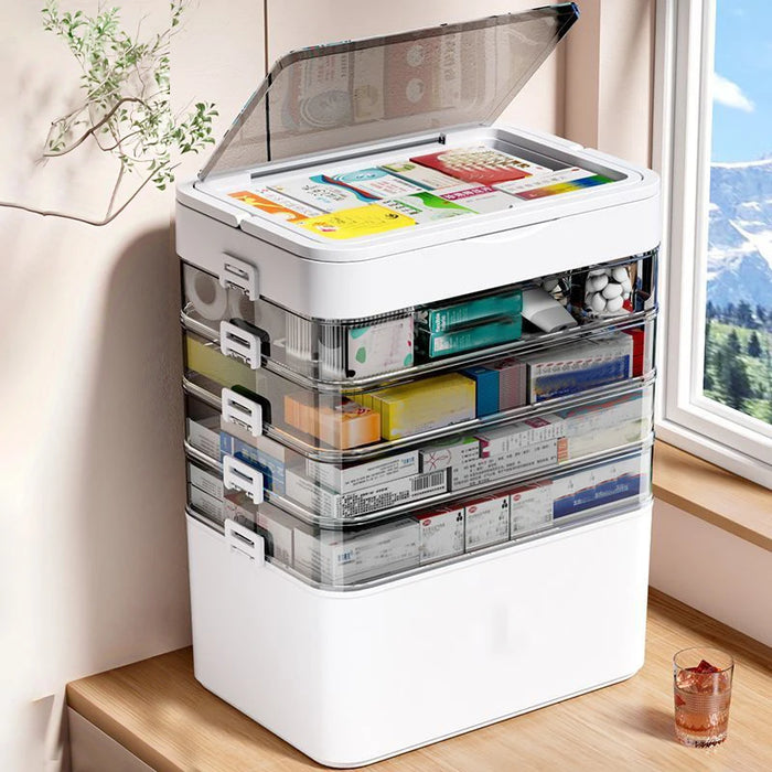 White Portable Medicine Storage Box — Heavy-Duty Plastic Organiser with Drawers & Doors (4/5/6 Floors)