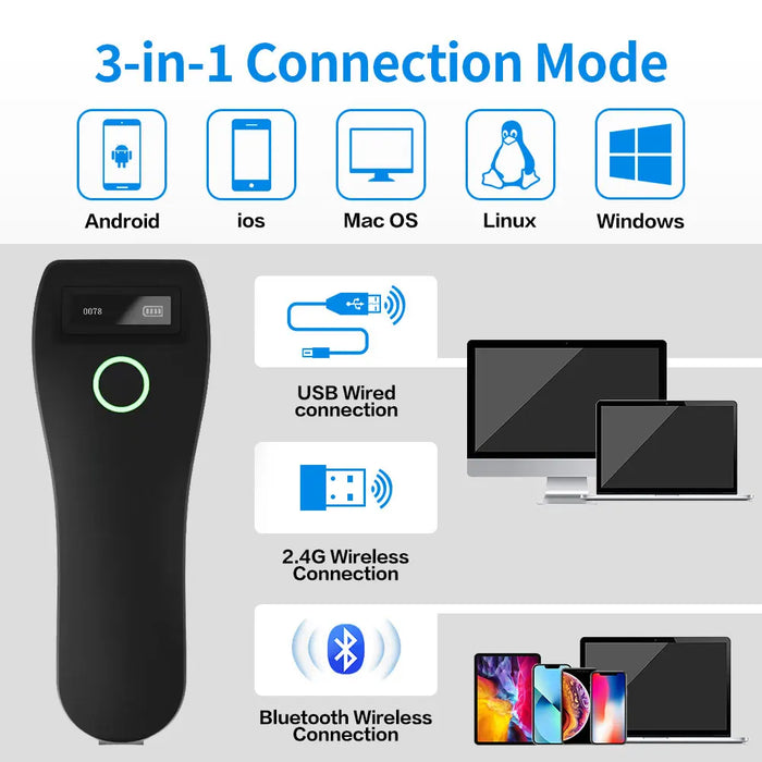 2D Bluetooth & 2.4G Wireless Pocket Barcode Scanner — Mini Handheld Reader for iOS, Android, PC