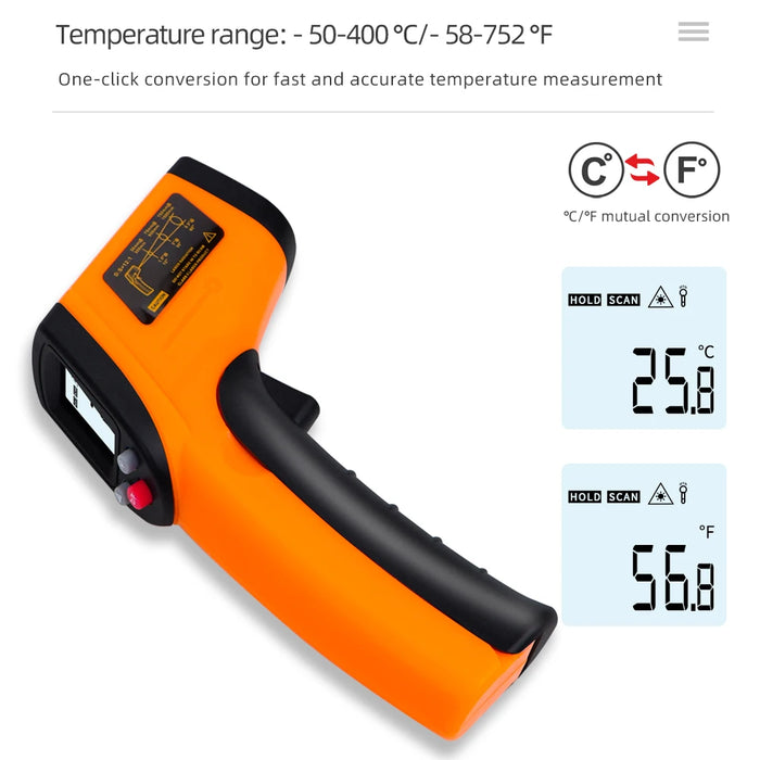 Infrared Thermometer, Digital Pyrometer, Non-Contact Laser, -50~400 ℃ IR Laser Temp Meter, Industrial Pyrometer - Ideal for Professionals Requiring Accurate Temperature Measurements