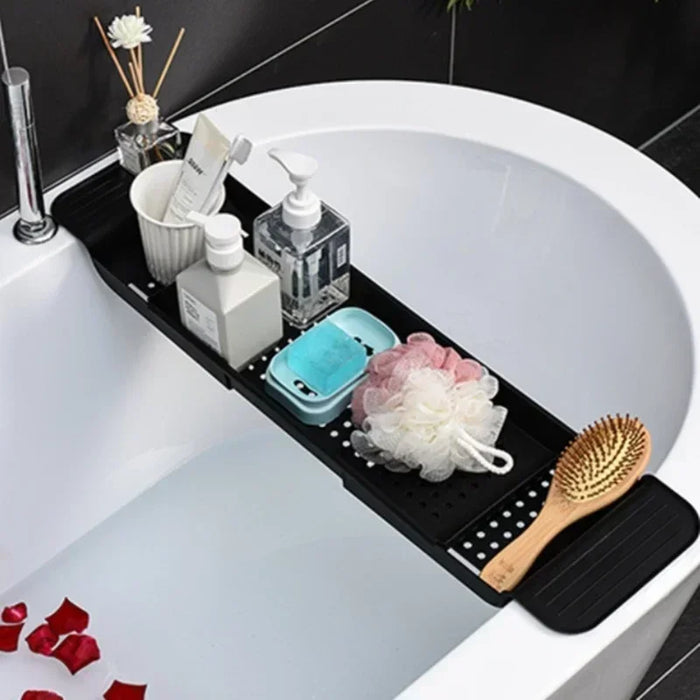 Extendable Bathtub Tray – Retractable Bath Shelf & Towel Holder (White/Black)