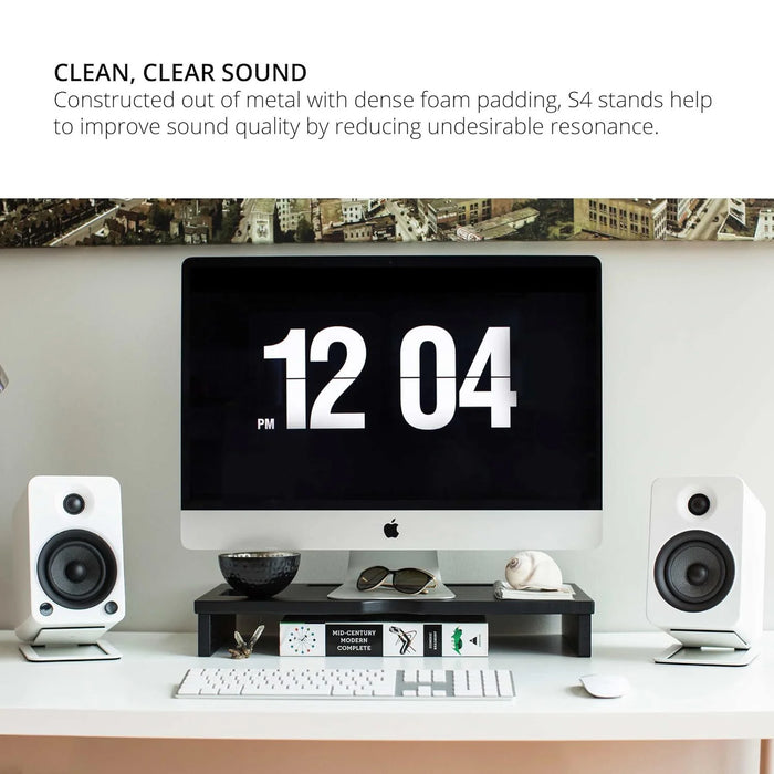 Pair of metal desktop speaker stands for 3–4 inch bookshelf speakers — white or black