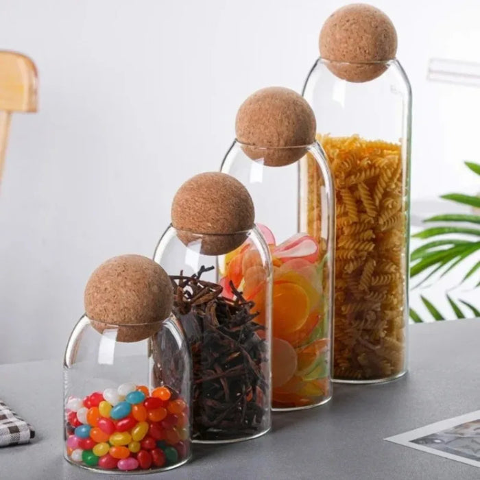 Hand‑blown Glass Storage Jars with Ball Cork Stopper — Transparent Kitchen Organiser for Tea, Spices & Nuts