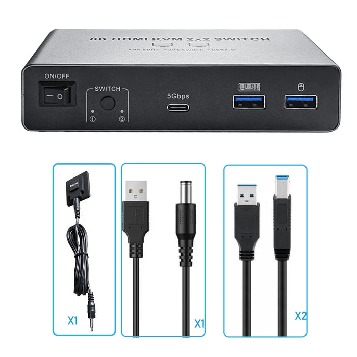 Dual‑Monitor HDMI 2.1 KVM Switch 2x2 — HDMI 2.1 or HDMI + DisplayPort 1.4 — 8K@60Hz / 4K@120Hz