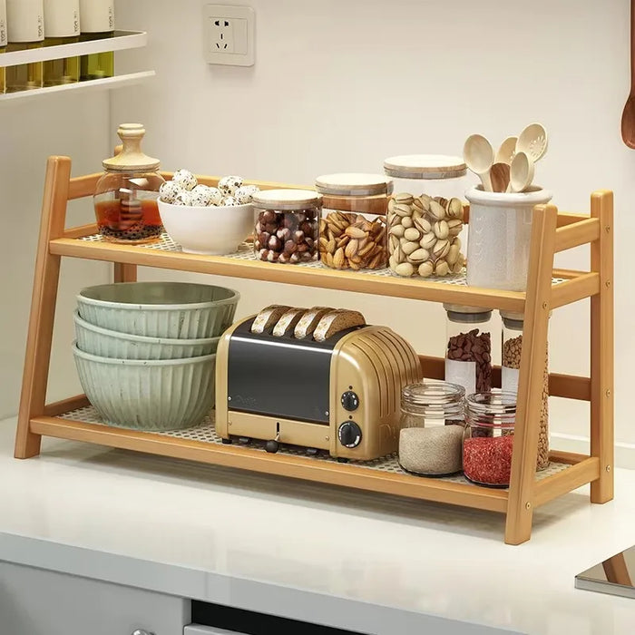 2-Tier Bamboo Spice Rack - Foldable Kitchen Counter & Cupboard Organiser