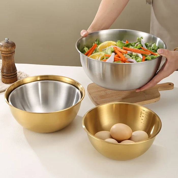 3pc Stainless Steel Mixing Bowl Set — Large Salad & Dough Bowls, Kitchen Accessories (Gold or Silver)