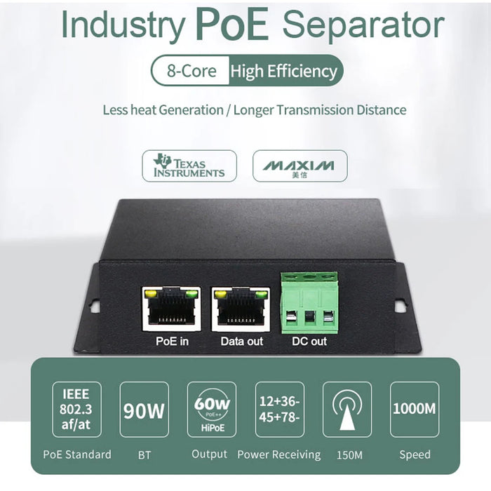2.5G PoE Splitter 30/60/90W — Wall-mount, Isolated Ports, 10/100/1000/2500 Mbps