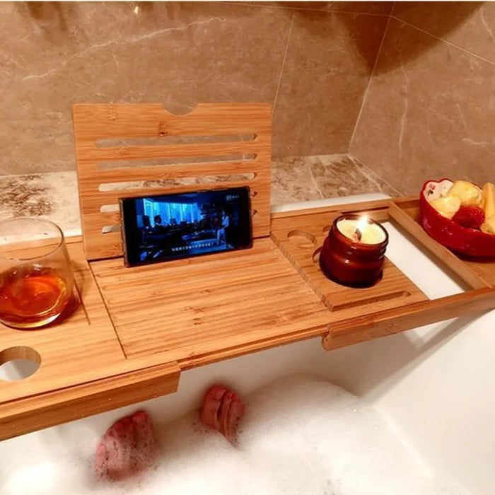 Adjustable Wooden Bath Tray — Extendable Bathtub Rack & Storage Shelf