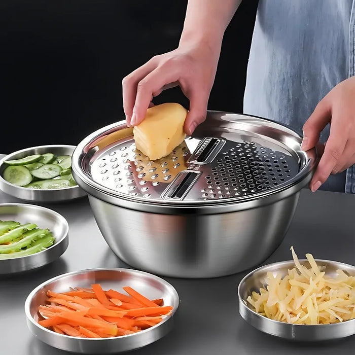 3-Piece Stainless Steel Mixing Bowl Set — Grater, Strainer & Drain for Food Prep
