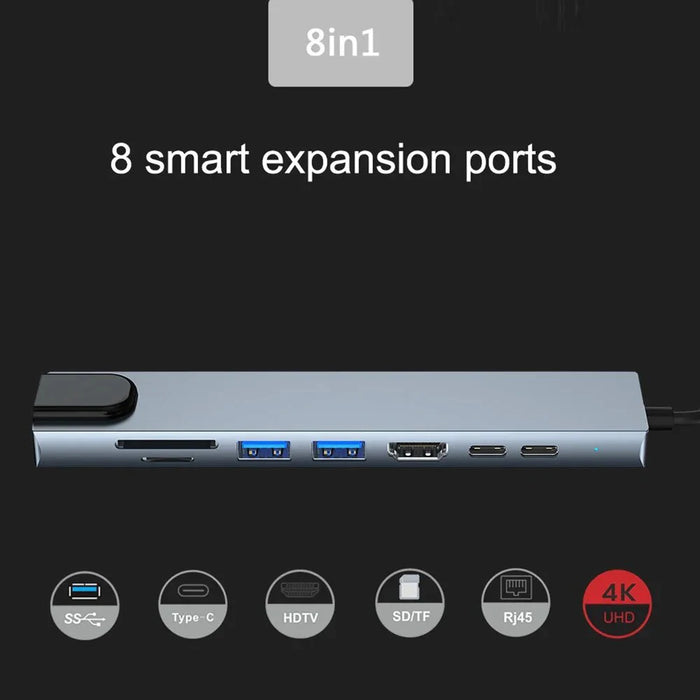 USB‑C 8‑in‑1 Hub — HDMI 4K@30Hz, 100W PD, RJ45 100Mbps, Dual SD/TF, USB 3.0