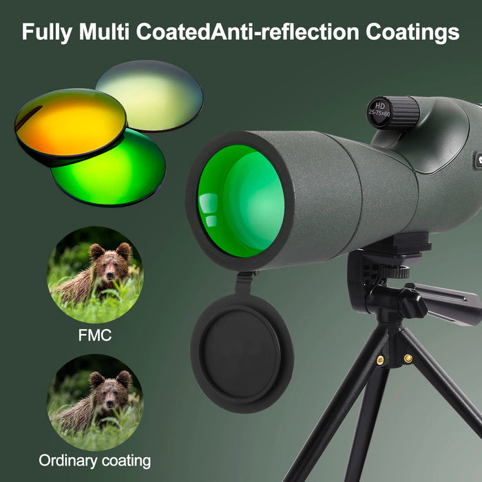 25–75x60 Spotting Scope — 60mm FMC, BAK4 Prism, Waterproof with Tripod & Phone Adapter