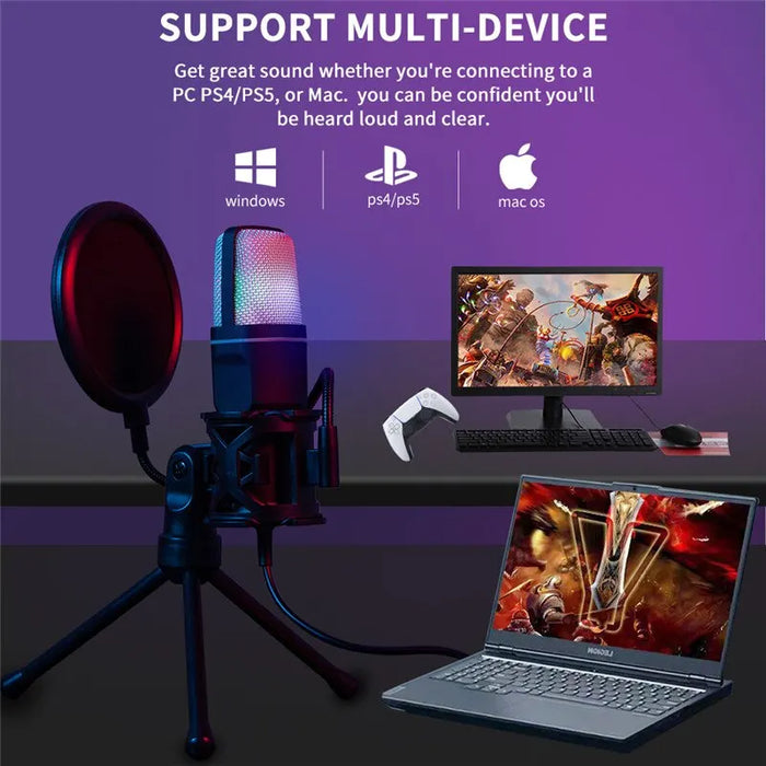 RGB USB Microphone - Condenser Gaming Mic with Wire, Ideal for Podcast Recording, Studio Streaming - Perfect for Laptop and Desktop PC Users