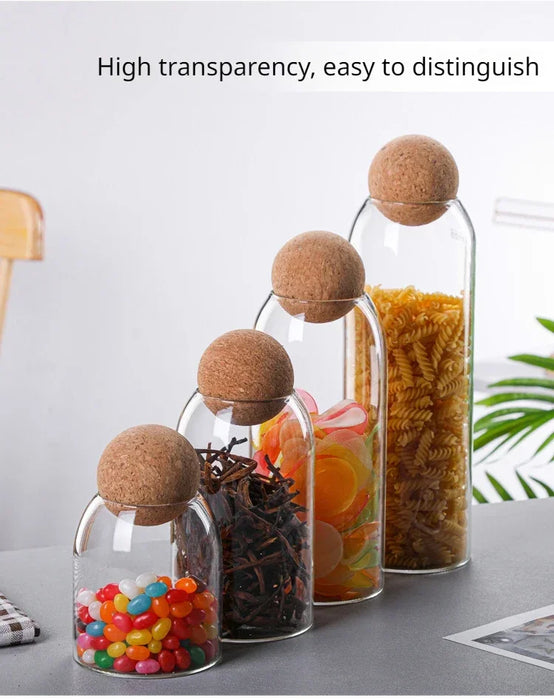 Hand‑blown Glass Storage Jars with Ball Cork Stopper — Transparent Kitchen Organiser for Tea, Spices & Nuts