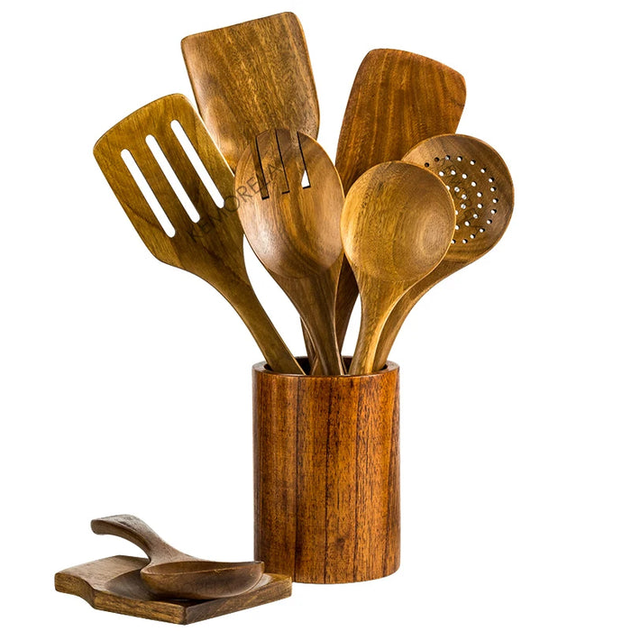 9-Piece Teak Wooden Kitchen Utensil Set with Holder