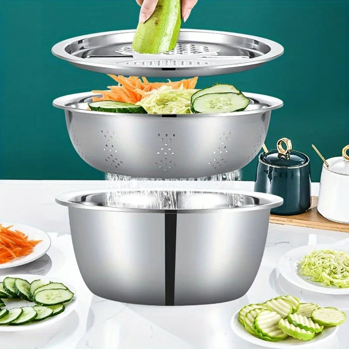 3-Piece Stainless Steel Mixing Bowl Set — Grater, Strainer & Drain for Food Prep