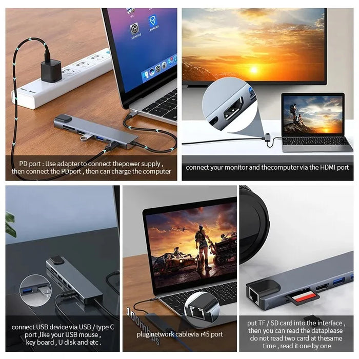 8-in-1 USB-C Hub 3.0 Dock – 4K HDMI, RJ45, PD, SD/TF for MacBook Air M1 & iPad Pro