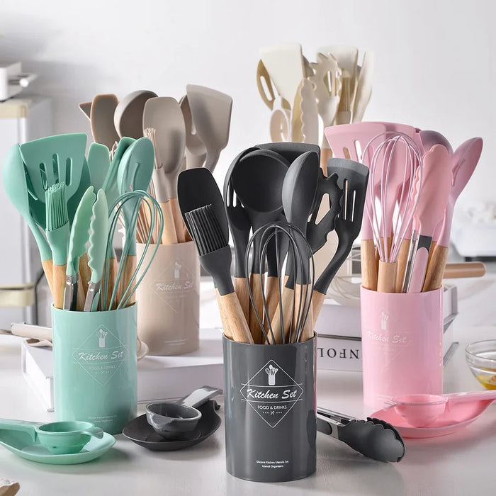 12-Piece Silicone Kitchen Utensil Set with Wooden Handles, Non-Stick