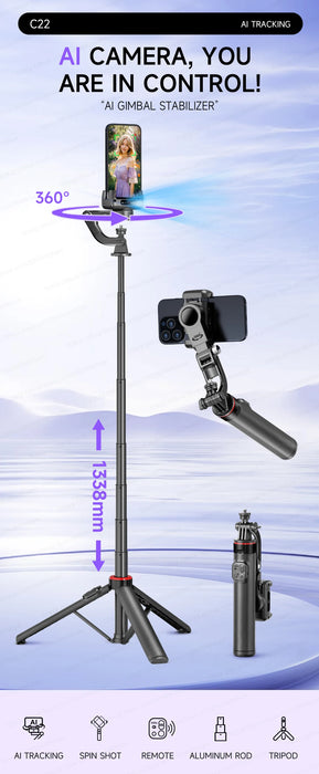 C22 AI Face-Tracking Handheld Gimbal Stabiliser — 3‑in‑1 Selfie Stick & Tripod for Smartphones
