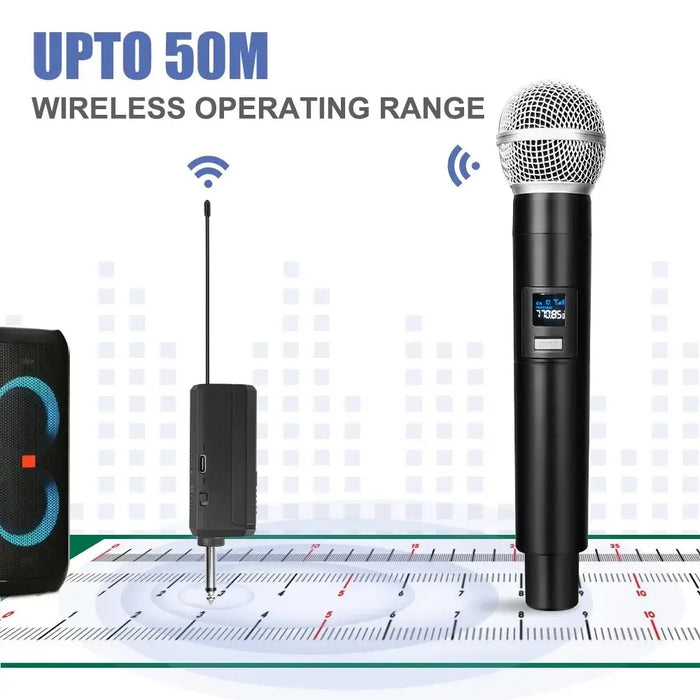 UHF Fixed Frequency Wireless Microphone - 2 Channel Handheld Mic for Party, Karaoke, Church, Show, Meeting - Professional Audio Solution for Events and Functions