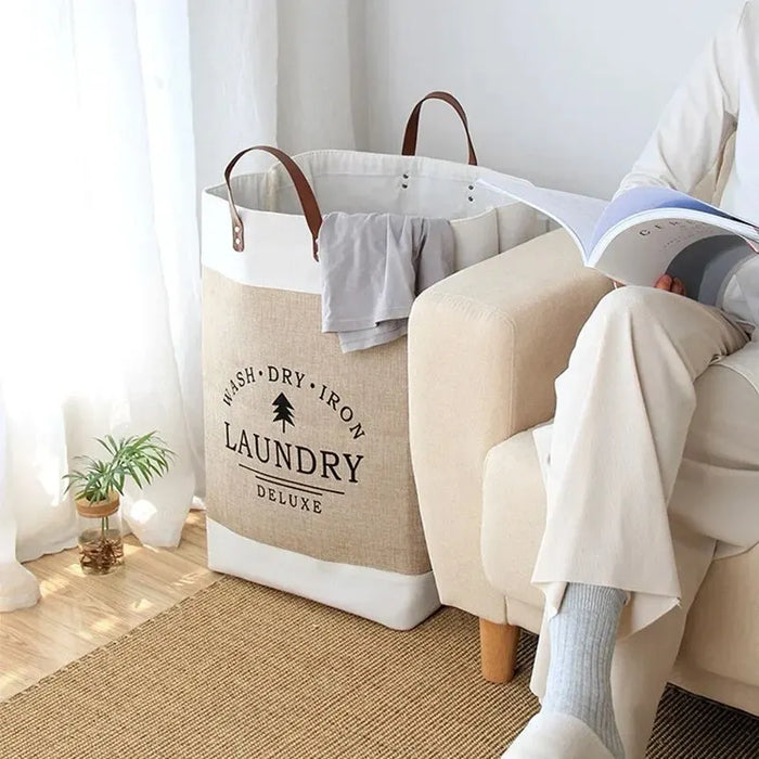 Large Cotton Folding Laundry Basket – Fabric Storage Bin (Off-White)