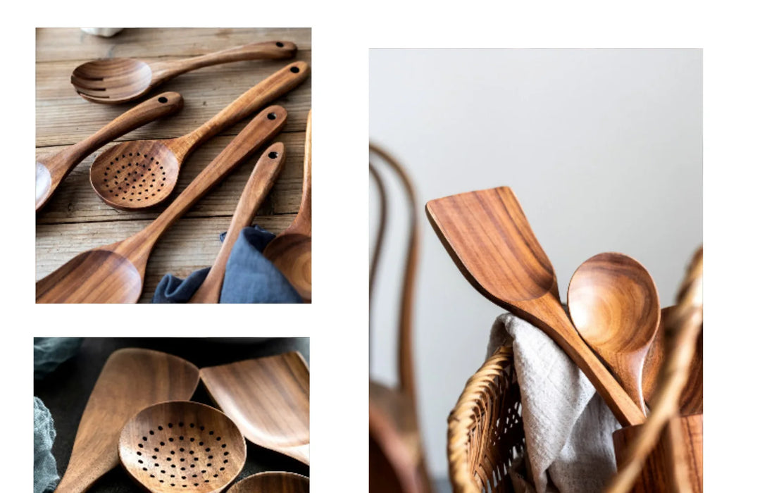 Natural Teak Wooden Kitchen Utensil Set — Modern, Eco-Friendly