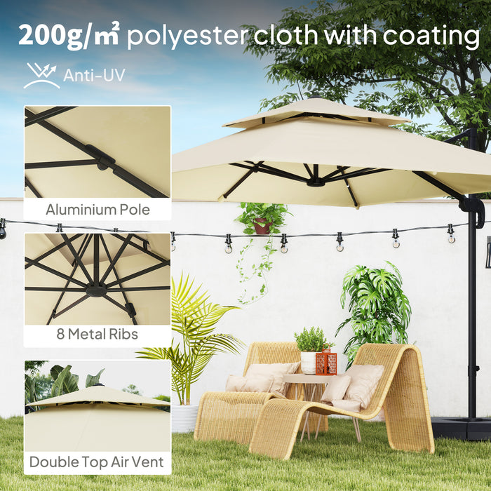Outsunny 2.7 x 2.7(m) Cantilever Parasol with Aluminium Frame, Crank and Tilt, 360° Rotation, Double Top Garden Umbrella with Base and Cover, Khaki