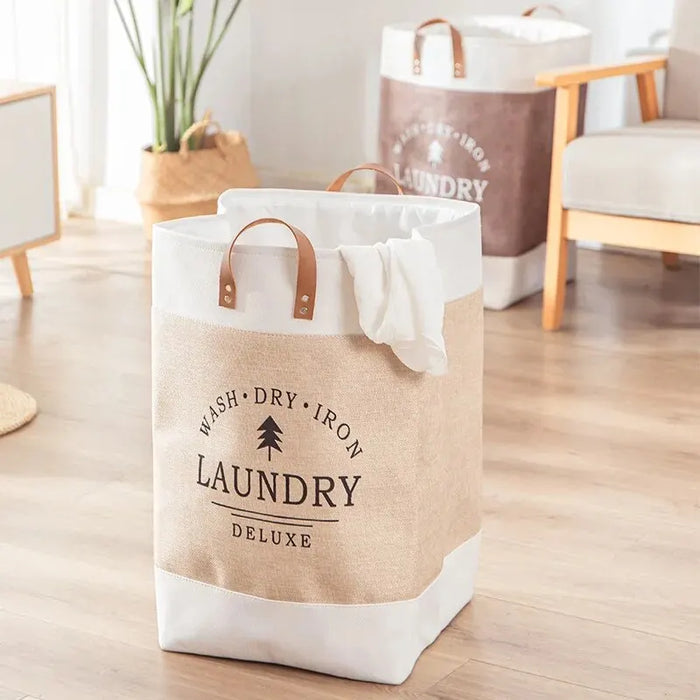 Large Cotton Folding Laundry Basket – Fabric Storage Bin (Off-White)