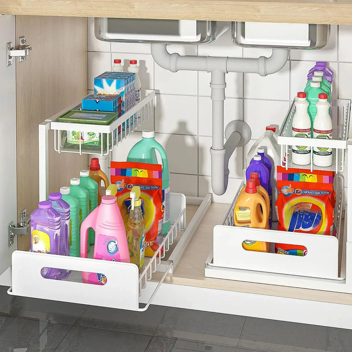 Under‑sink 2‑Tier Pull‑Out Storage Organiser – 36×27×28cm, Black or White