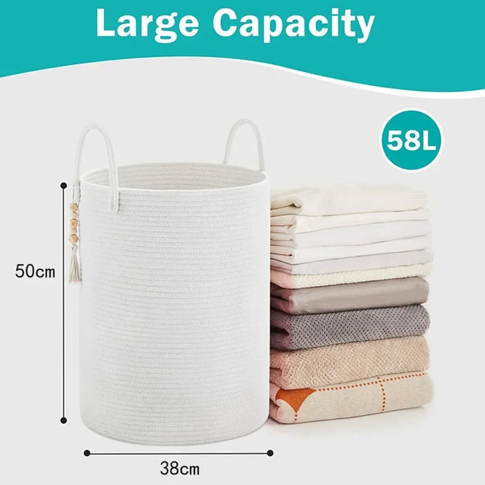 Large Tall Woven Storage Basket – Foldable Cotton Rope Laundry Hamper