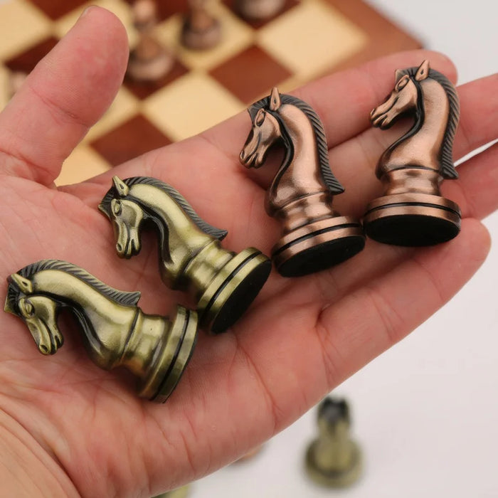 High-end 30cm Antique Bronze Chess Set — Foldable Solid Wood Box & Weighted Alloy Pieces