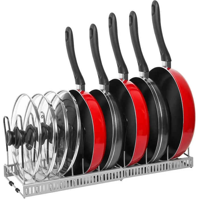 Expandable Pots & Pans Storage Rack for Cabinets — 6 Adjustable Shelves, Pot & Lid Holder