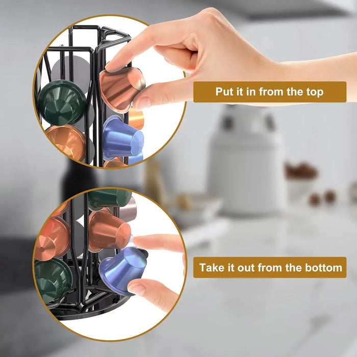 40‑Pod Rotating Coffee Capsule Holder — Metal Stand for Nespresso, Vertuo & Dolce Gusto (Black / Silver / Rose Gold)
