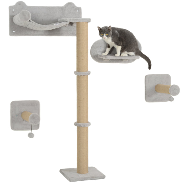 PawHut 4 Piece Cat Shelves w/ Scratching Post, Steps, Jumping Platform, Ladder, Toy Balls, for Indoor Cats, Light Grey | Aosom UK