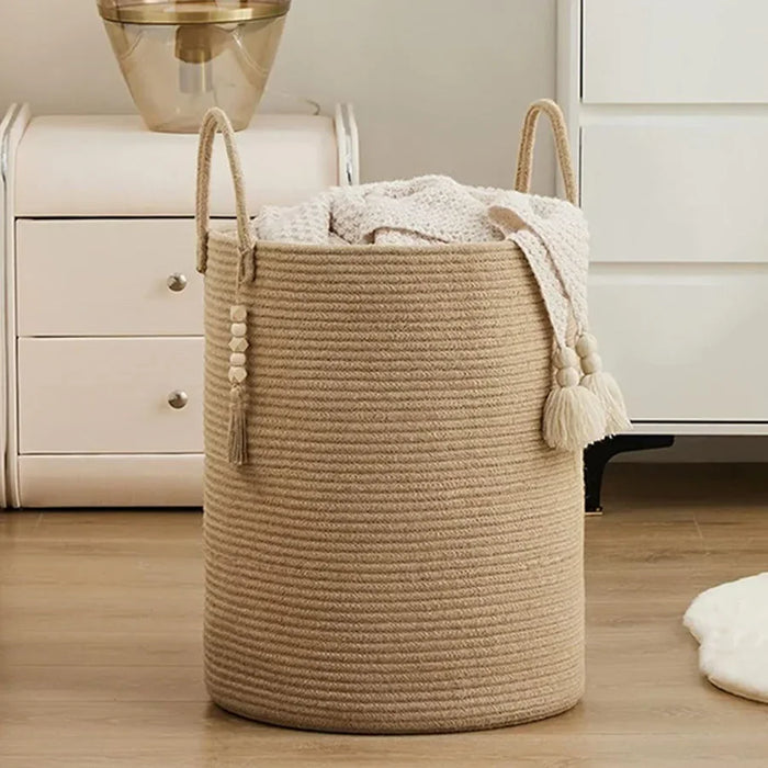 Large Tall Foldable Woven Storage Basket — Cotton-Rope Laundry Hamper