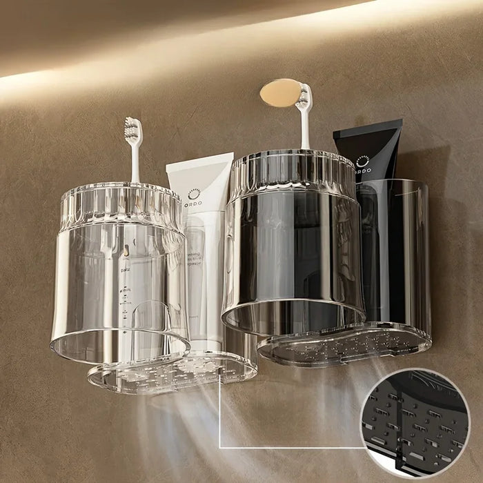 2 Sets Wall-Mounted Toothbrush Holders with Mouthwash Cups — Plastic Bathroom Storage