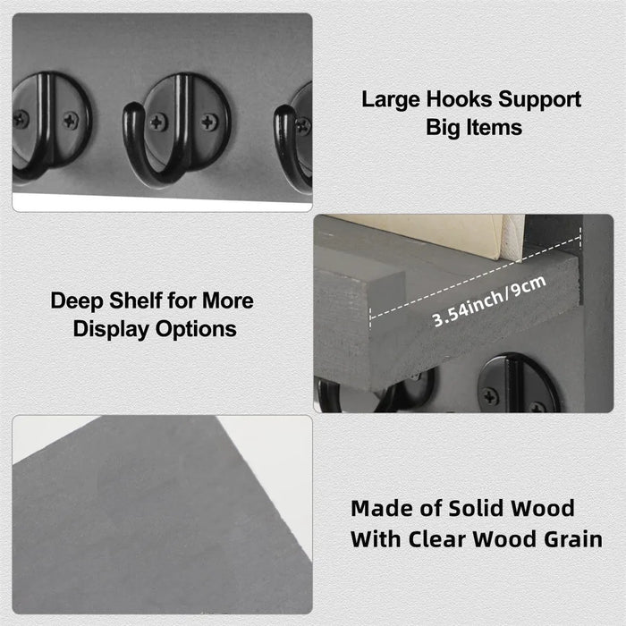 Wall-mounted Wooden Key and Mail Shelf with 5 Hooks