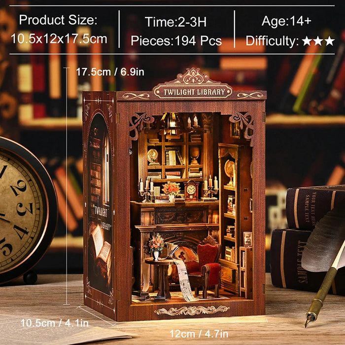 Twilight Library DIY Wooden Bookend Miniature Cottage with Touch LED