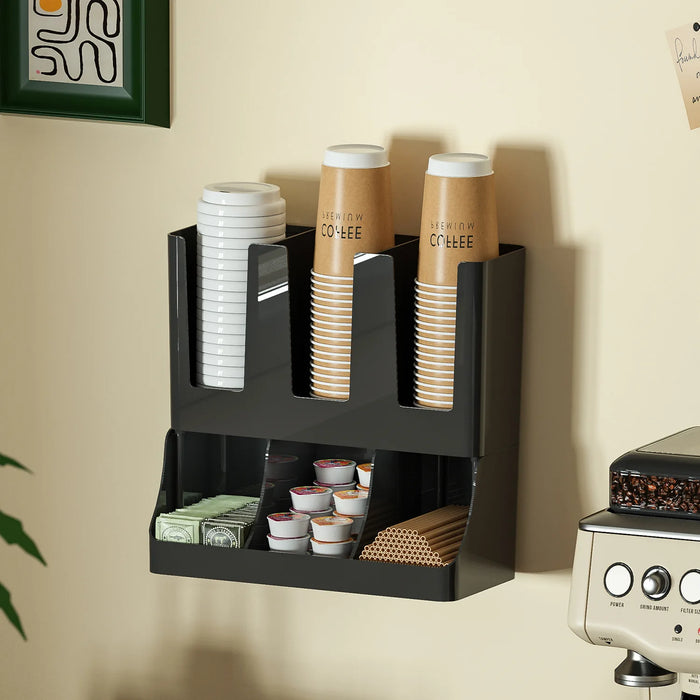 Wall-mounted Coffee Bar Organiser — Cup & Condiment Storage, White or Black