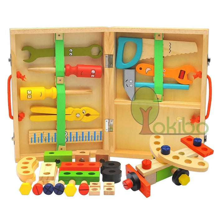 Wooden Toolbox Pretend Play Set for Kids - Montessori Wooden Toolbox - Eco-friendly, 35 Piece Set