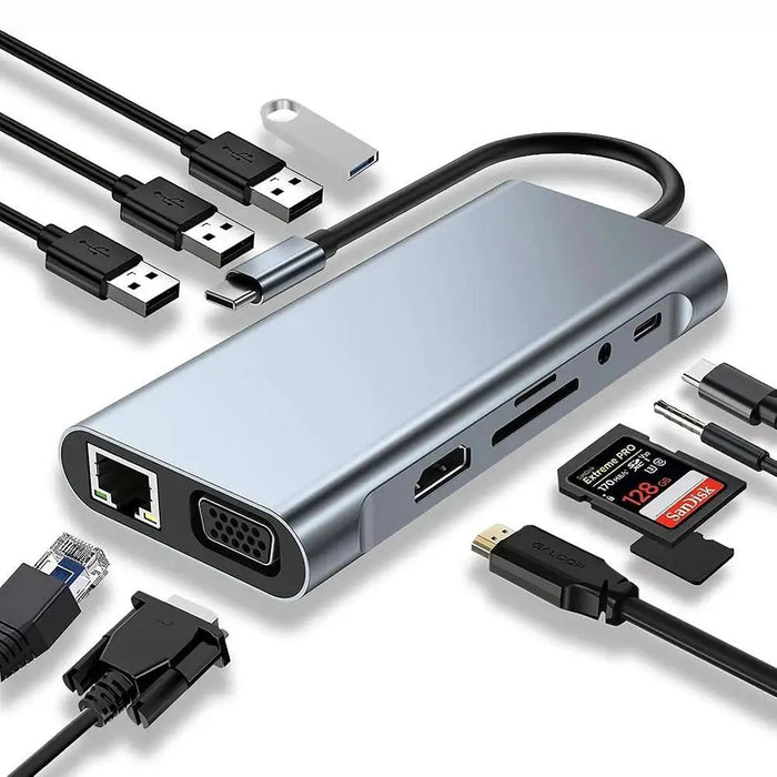 USB‑C 11‑in‑1 Docking Station — 4K HDMI, VGA, 100W PD, 100Mbps Ethernet, SD/TF & Audio for MacBook