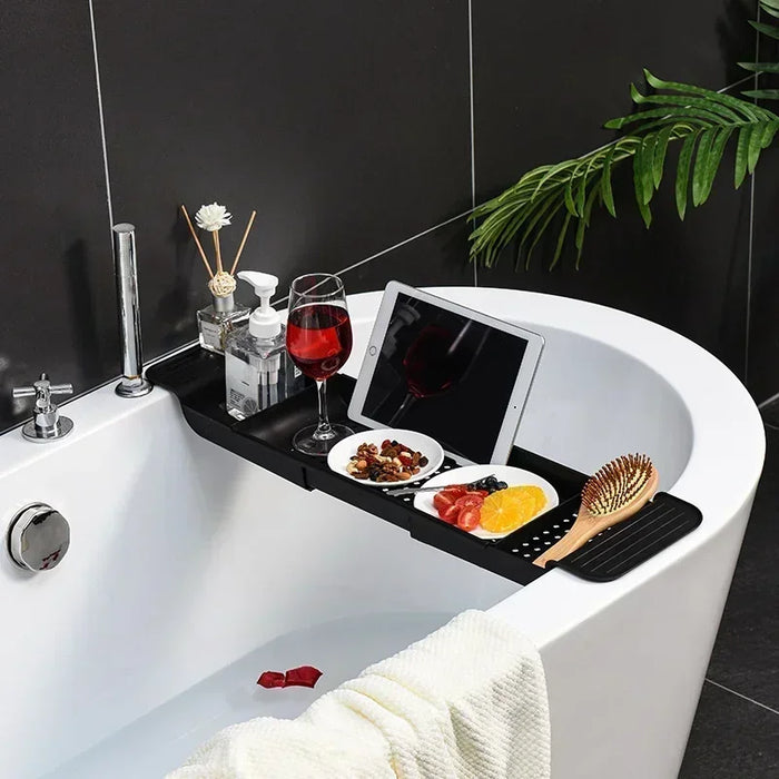 Extendable Bathtub Tray – Retractable Bath Shelf & Towel Holder (White/Black)