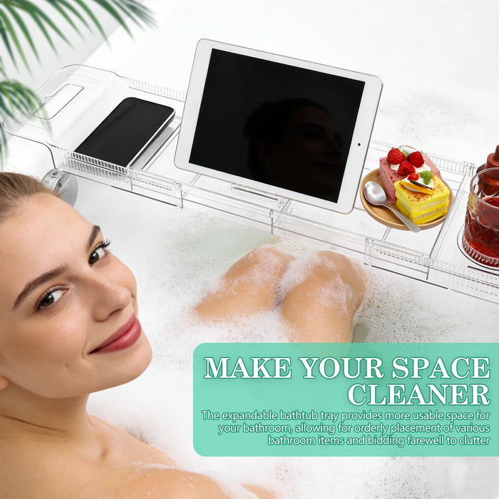 Expandable Transparent PET Bathtub Caddy Tray – Adjustable Bath Shelf with Cup Holders