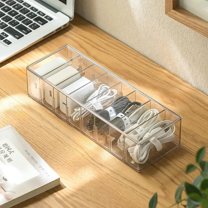 8-Compartment Transparent Acrylic Cable Organiser Box with Dustproof Cover