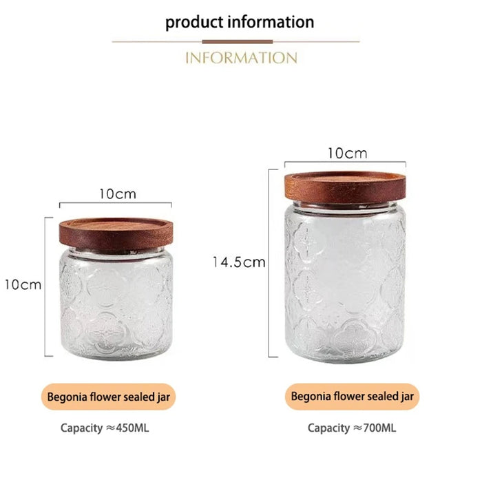 Vintage Glass Canister with Wooden Lid — Airtight Embossed Jar (M)